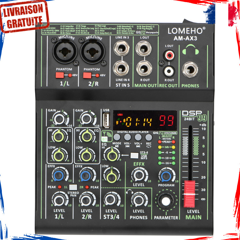 Table de mixage 4 canaux avec 99 effets DSP et connexion Bluetooth pour studio