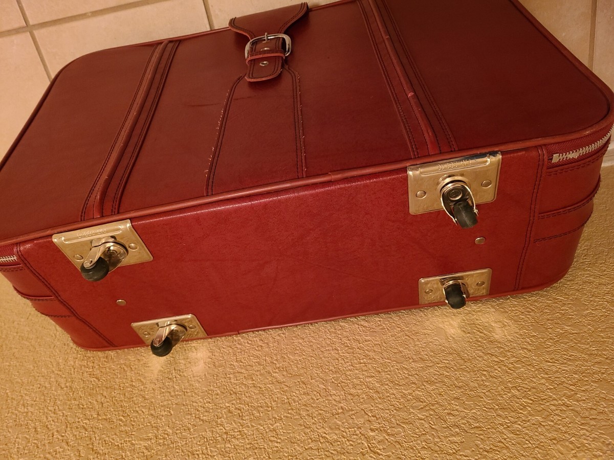 Vintage 60s 70s Large Red Vinyl Suitcase Made by Sears