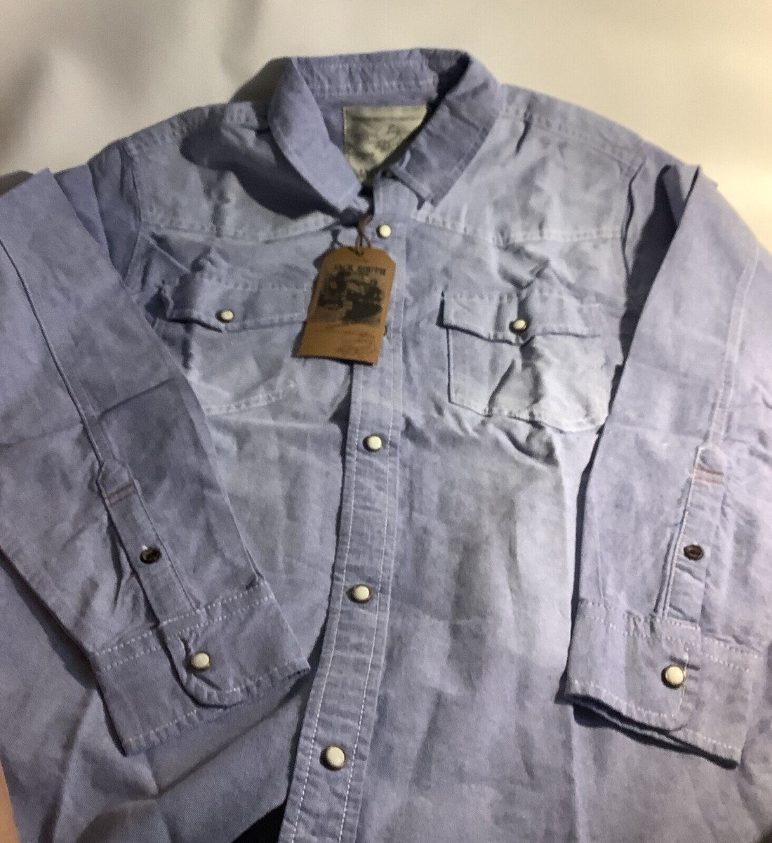 Men's Long Sleeve Denim Shirt - Light Blue Snap Button Down, Slim Fit With Ripped Detail, Casual Shirt Jacket, Large