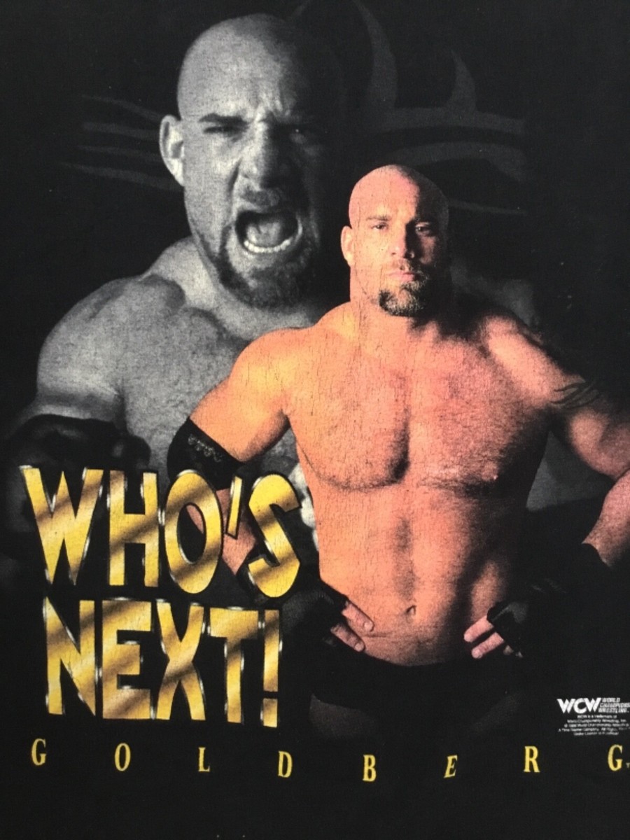 wcw Bill Goldberg who'snext！ VTG 90s 1998 WCW Bill Goldberg GOLDBERG WHO'S NEXT! black T Shirt