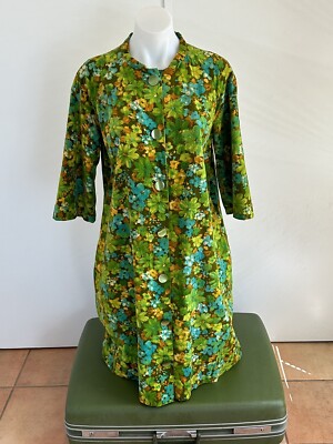 Vtg Flowery Groovy Housecoat Jacket 60s Retro Velvety Groovy Turquoise ￼￼costume