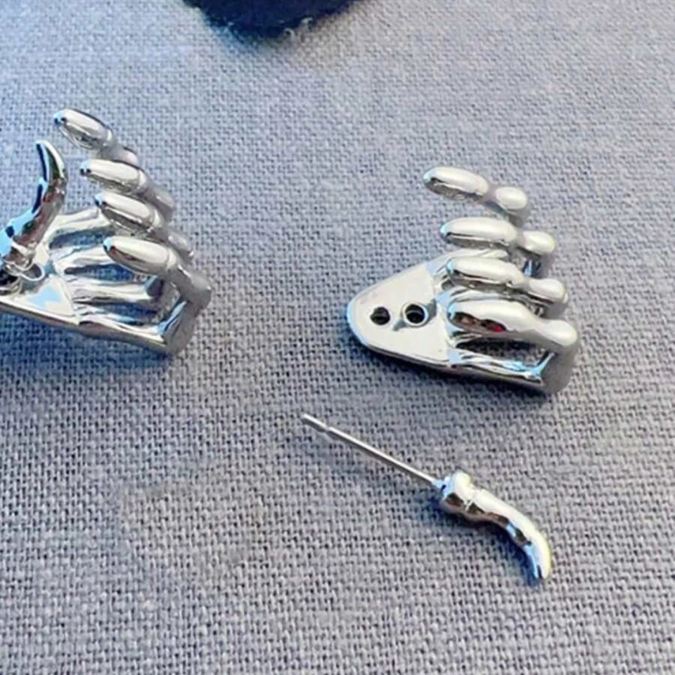 1 par de pendientes de mano de calavera esqueleto gótico para Navidad NUEVO pendiente de hueso de mano Foto 2 de 4
