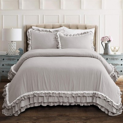 Ella Shabby-Chic Ruffle Lace 3-Piece Comforter Set, Full/Queen, Light Gray