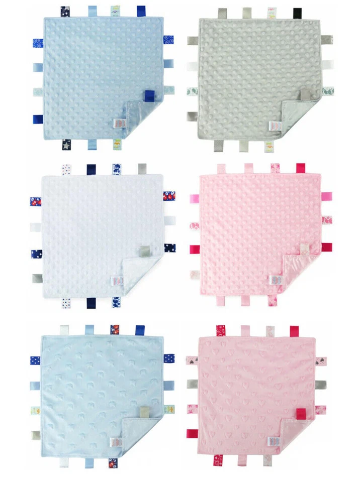 SOFT TOUCH Baby Bettdecke Etikett Sicherheitsdecke Blase Herz Sterne Jungen Mädchen Taggie