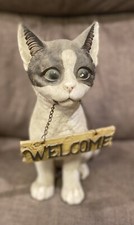 Pre Owned Dark/White Grey Cat Welcome Sign Door Greeter