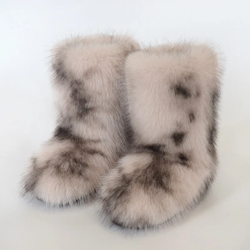 Botas femininas de inverno neve quente pele de guaxinim falsa pele de raposa panturrilha média tamanho - Imagem 3 de 4