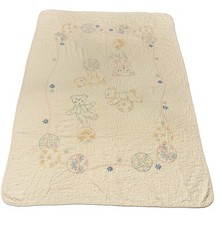 VTG Handmade Embroidered Child Crib Quilt Blanket Bears Balls Cream 39 X 56