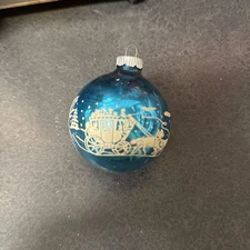Vintage Shiny Brite Blue Stenciled Stagecoach Glass Christmas Ornament 