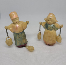 Old Vtg Mini 2.5" Celluloid Couple Dolls Carrying Buckets JAPAN