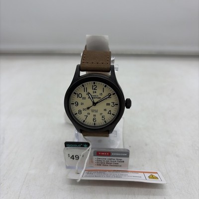 Timex T49963, Men's Expedition Scout Brown Leather Watch, Date, Indiglo, NEW