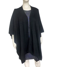 One Size Black Knit Shawl Sweater Poncho Cape Stretch Closet Staple Open Front