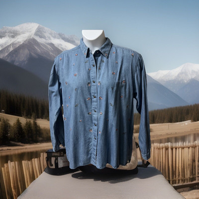 Northern Reflections Blue Chambray Shirt Embroid Flowers Metal Buttons Boho XL