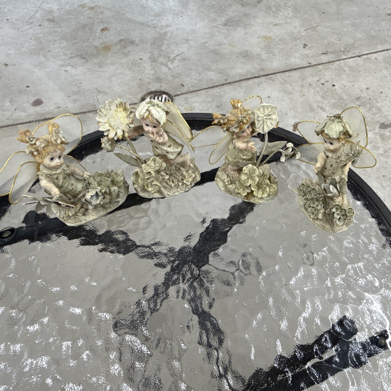 Set of 4 Ivory/Gold Angel Christmas Hanging Ornaments Floral Pattern Decorative