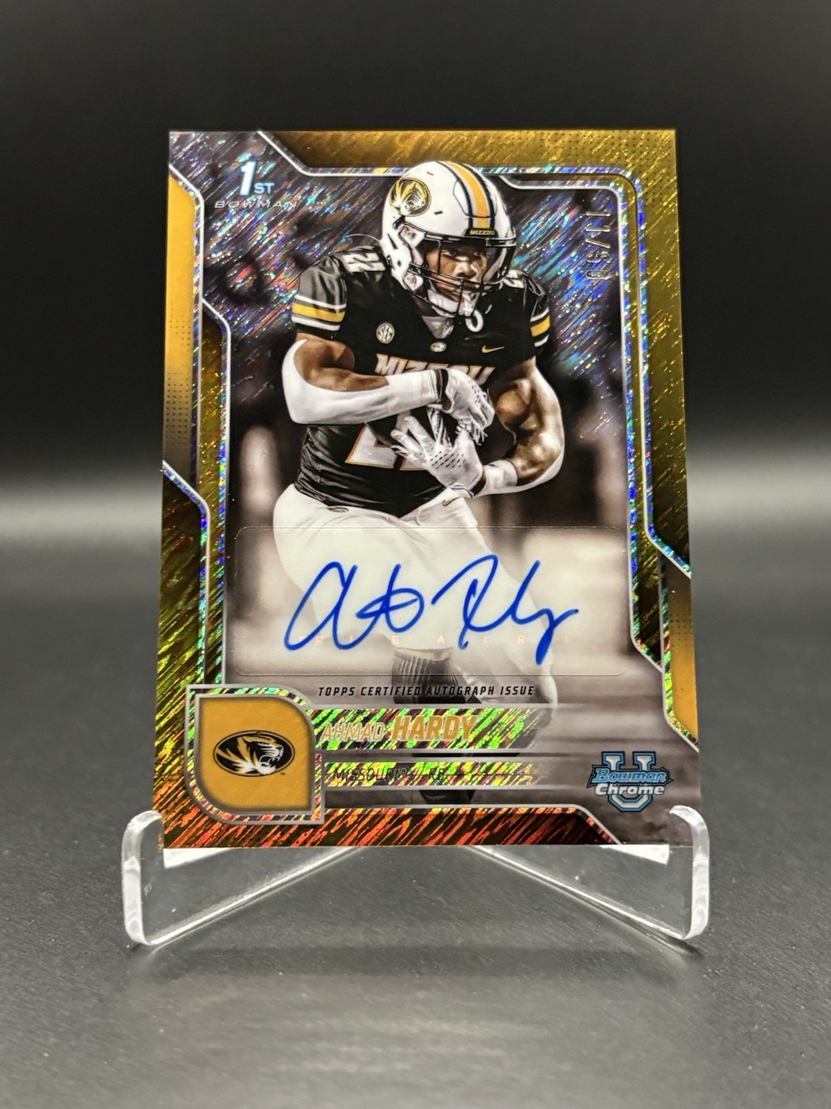 2025 Bowman Chrome University Ahmad Hardy Prospect Gold Shimmer 1st Auto #11/50