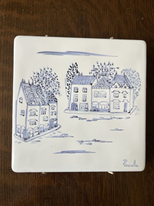 Italian Hand-Painted Blue & White Ceramic Decorative Tile Village Square 6x6 in