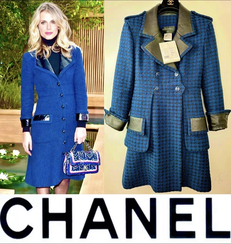 7K Nuovo Chanel 2017 Blu Pelle Tweed Giacca Pea Cappotto Abito 34 36 38 2 4 6 M S