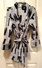 Victorias Secret "PINK" Plush Robe Cozy Bathrobe Gray  Black All Over Logo M/L