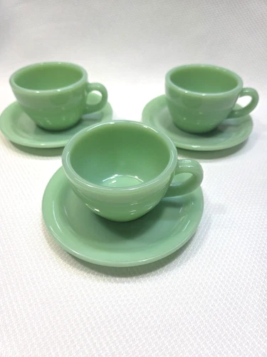 ANCHOR HOCKING FIRE KING  THREE JADEITE RESTAURANT CUP & SAUCER SETS