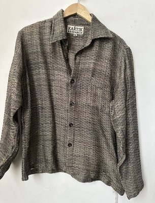 Kartik Research 100% Linen Indigo Block Print Shirt medium  Artisanal Karu India