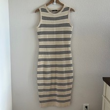 BTFBM Neutral Stripe Side Slit Midi Dress Knit Contemporary Coastal Boho Small