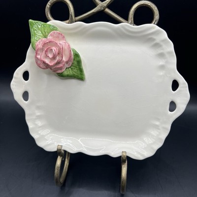 Delicate Raised Pink Rose Vintage Vanity Dresser Tray Cream Hand Painted Ceramic