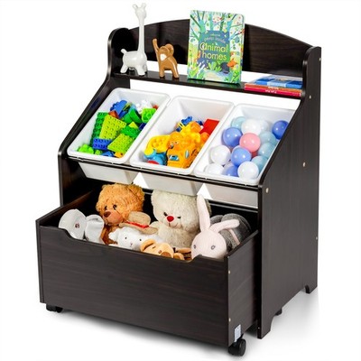 Kids Wooden Toy Storage Unit Organizer w/Rolling Toy Box & Plastic Bins Espresso
