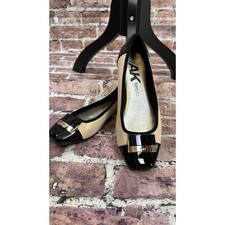 Anne Klein Sport AK Ballet Flats Women Size 8M Beige Black Patent Bow Accent
