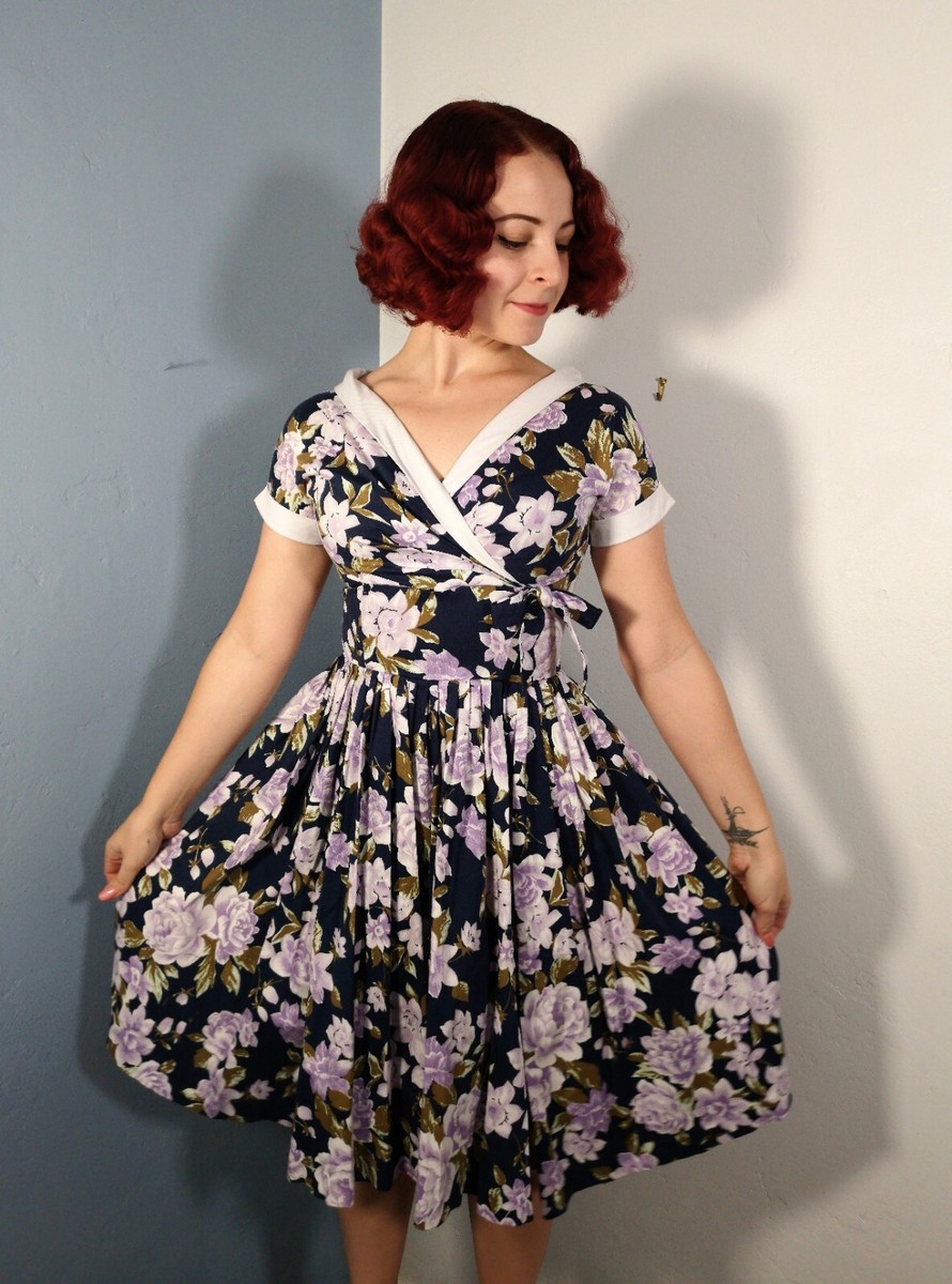 1940s Inspired Vintage Day Swing Dress Navy Blue Purple White and Black  Flowers