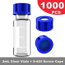 1000PCS 2ml Autosampler Vials+Pre-Slit Caps 9-425 Glass Bottle Screw Top HPLC GC