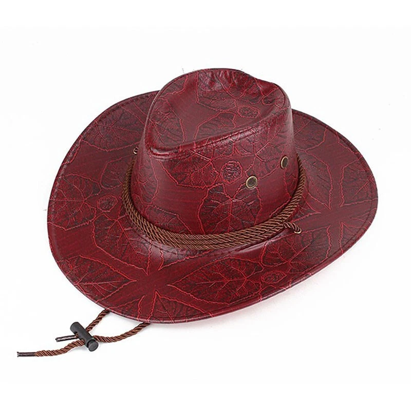 Chapéu de cowboy masculino de couro sintético, marrom/vermelho com alça, corda - aba larga ocidental - Imagem 2 de 2
