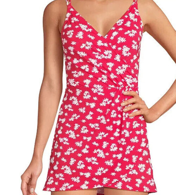 DRAPER JAMES for Lands End RSVP RED FLORAL HALTER SWIM DRESS SIZE XS