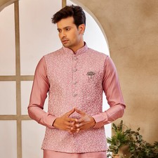 3 Pc Indian Mens Wedding Wear Traditional Embroidered Kurta Payjama Jacket Set