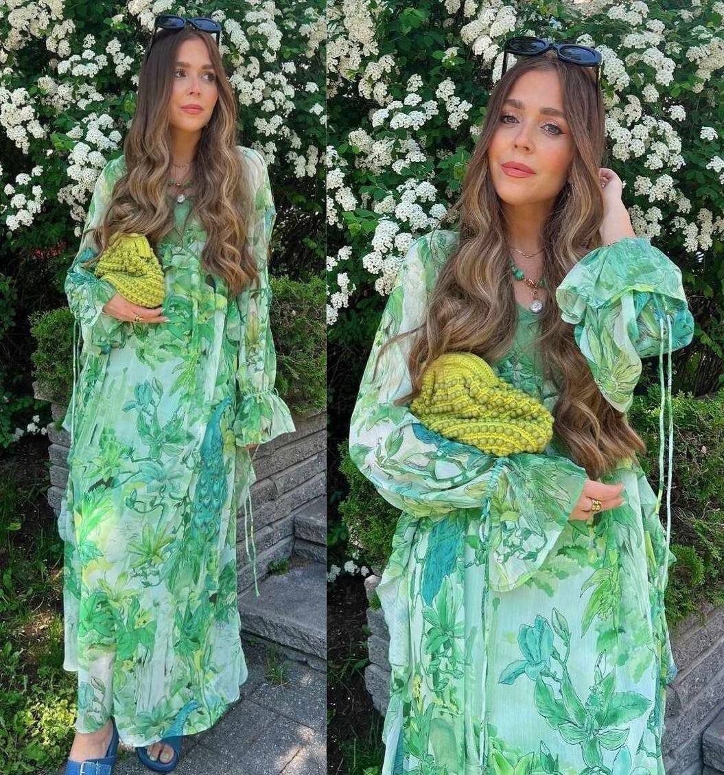 H\u0026M Green Floral Flounced Floaty Chiffon Voluminous Maxi Dress Size M 12 14  16 | eBay