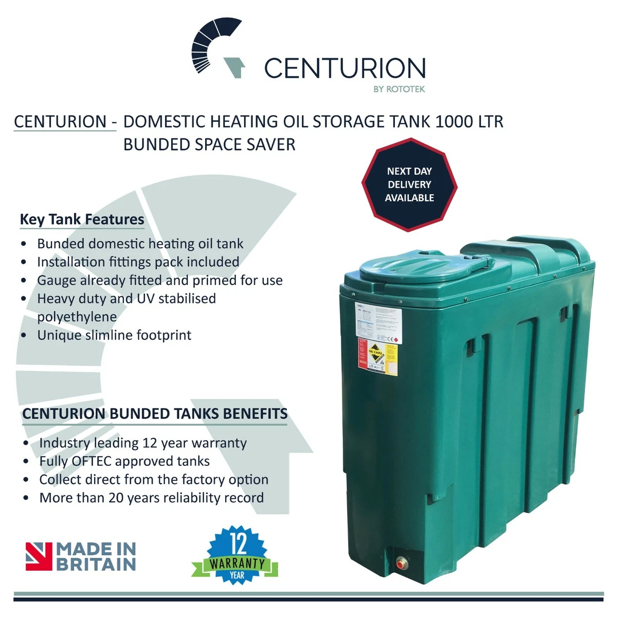 CENTURION Domestic Heating Oil Storage Tank - 1000 litre Bunded (Space  Saver) | eBay