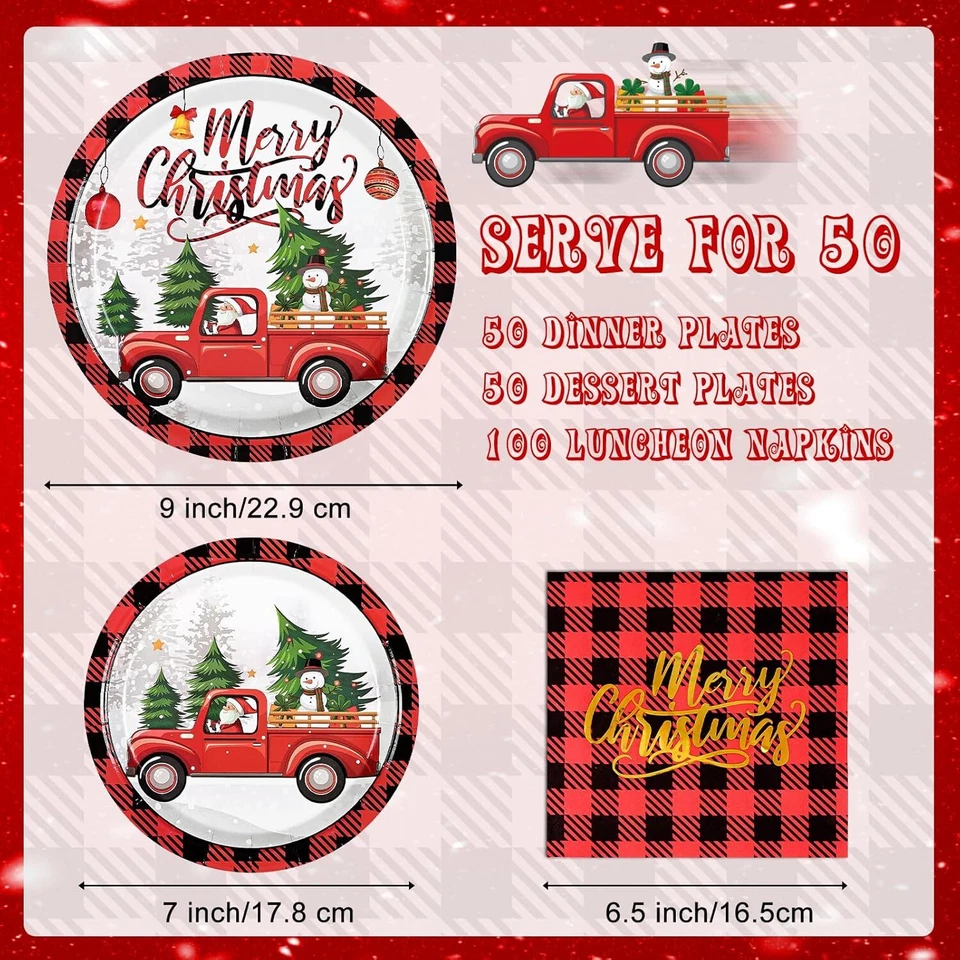 200件装圣诞纸盘和餐巾卡通红色卡车圣诞餐具 — 第 4/4 张图片