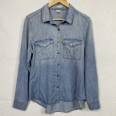 Reba Button Down Chambray Denim Shirt Women s M Roll Tab Long Sleeves Top
