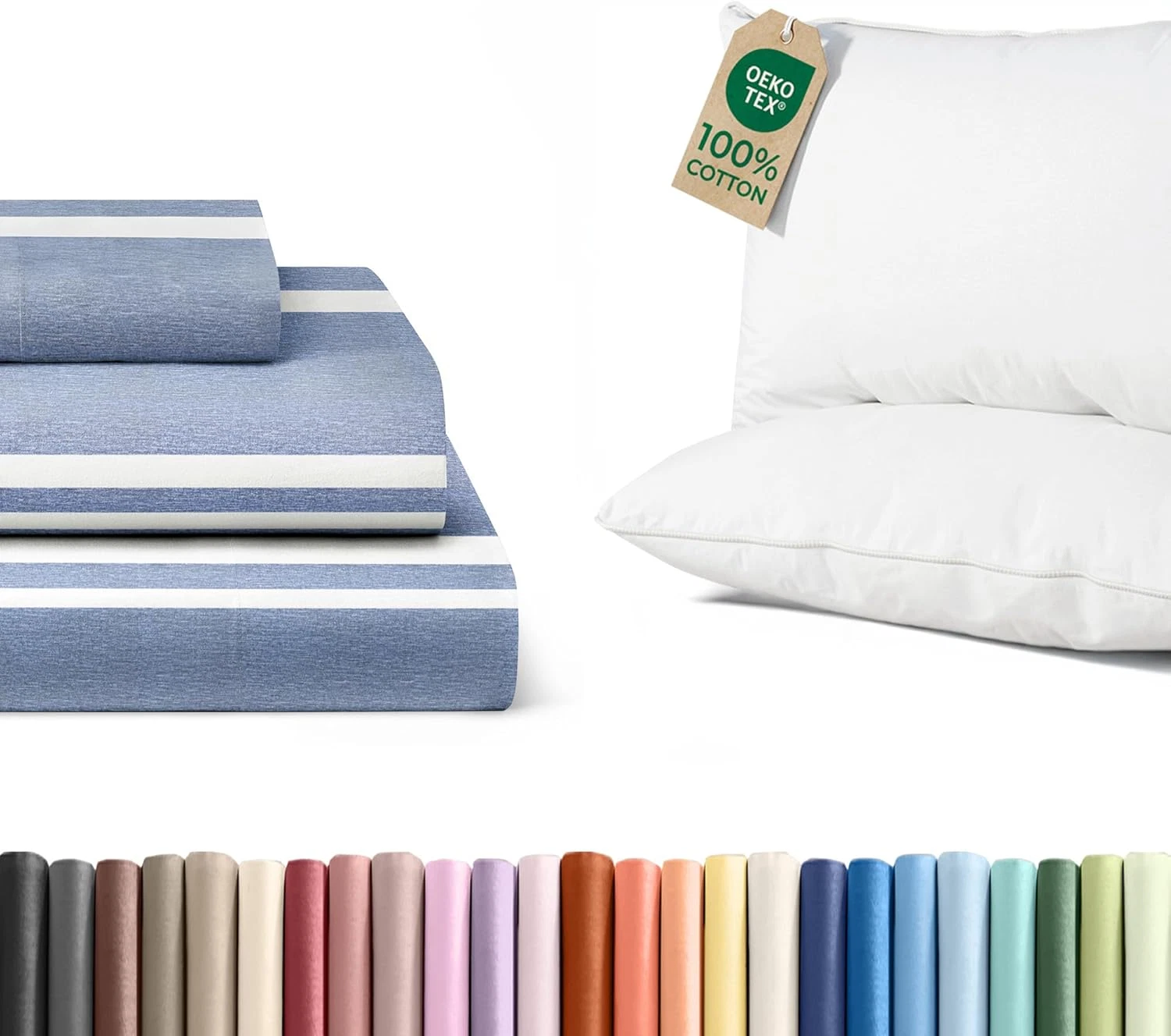 Twin XL 3-Piece Sheet Set + 2 Queen Cotton Bed Pillows