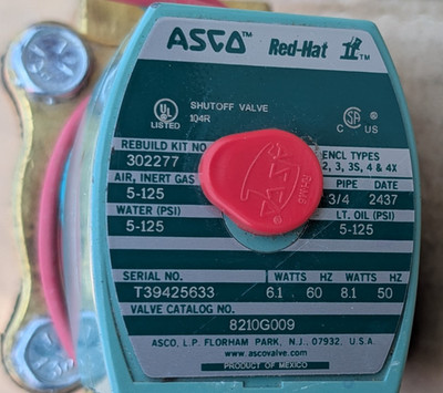 ASCO RedHat II 8210G009 3/4 in Solenoid Valve 120VAC Normally Closed