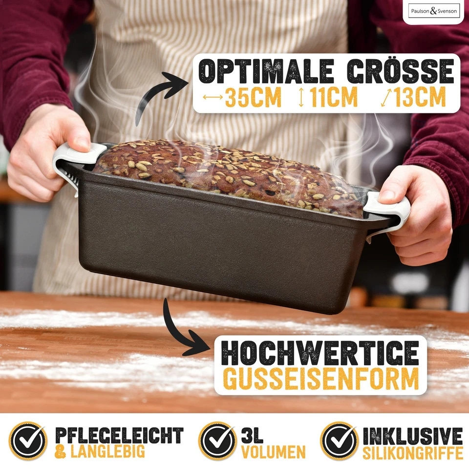 Brotbackform aus Gusseisen mit Deckel inkl. Gärkorb, Silikongriffe Brotform Guss - Bild 4 von 4