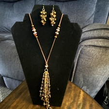 Brown Faceted Glass Jewelry Set Adjustable Necklace  Earrings in Brown Gold