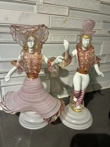 VINTAGE MURANO ART GLASS DANCER FIGURINES SET ZANFIRICO GOLD FLECK
