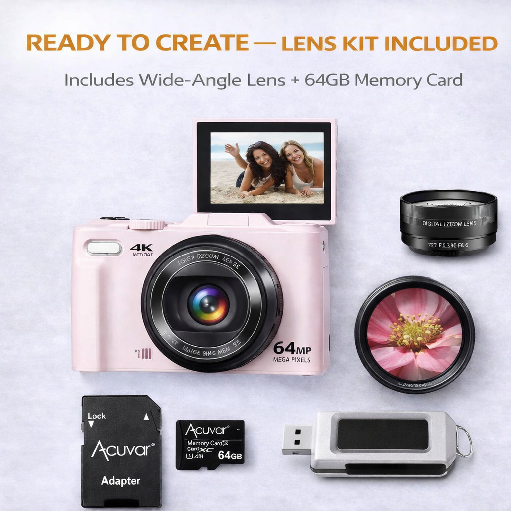 Digital Camera 4K 64MP 60FPS Vlogging Camcorder HDMI 16X Zoom w/64GB SD Card