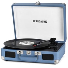 Vinyl Record Playertooth Vintage Portable Suitcase Turntable with Built-in Blue