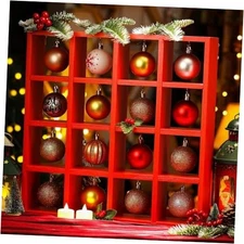 Christmas Holiday Ornament Displays Rack Wooden Hanging 16 Compartment Red