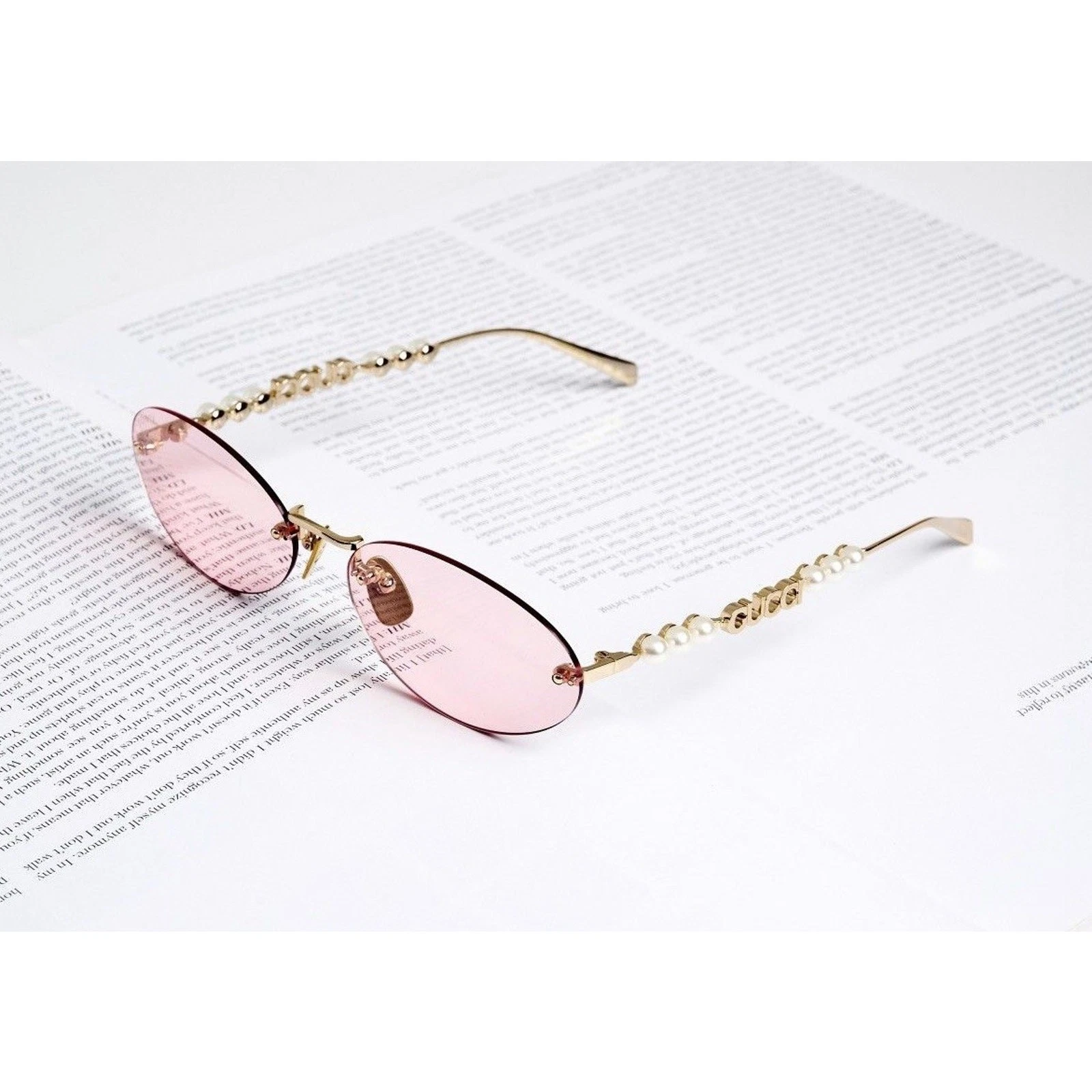 Gucci — GUCCI GG1922S 004 Gold Pearls Pink Lens Sunglasses Oval Rimless Unisex AUTHENTIC