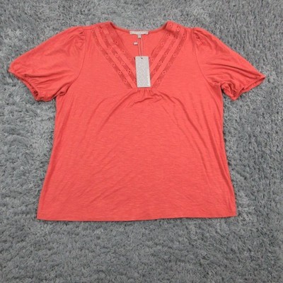 Daniel Rainn Shirt Womens Large Orange Lace Trim V Neck Short Sleeve Top NWT