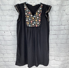 Tea N Rose Dress L Black Embroidered Flutter Sleeve Boho Hippy Summer