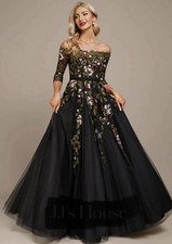 JJ HOUSE Elegant Black Floral Embroidered Off-Shoulder Dress Sz 10