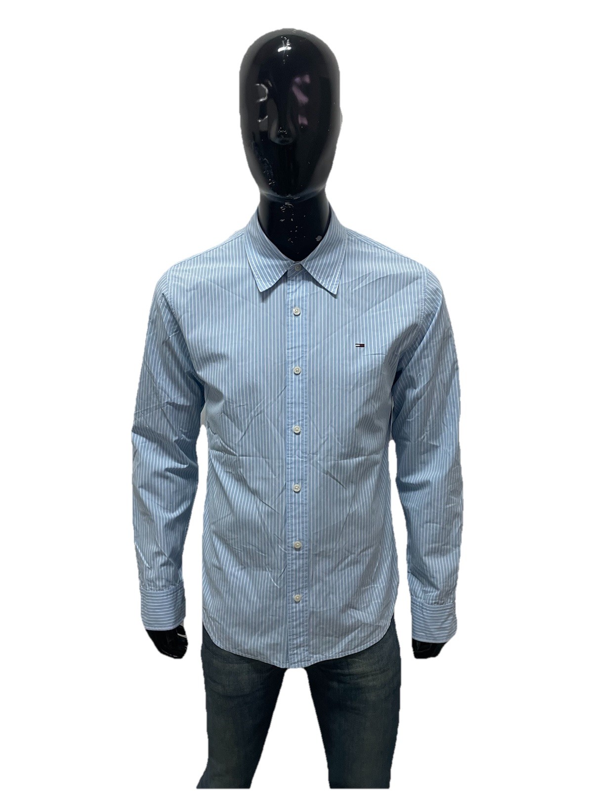 Tommy Hilfiger Camicia Uomo L Rigata Azzurra Cotone Regular Fit Classic Casual