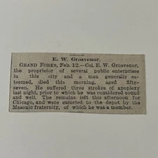 Mason EW Grosvenor Aged 57 Died Grand Forks 1883 St. Paul MN Clipping SAI2-S19